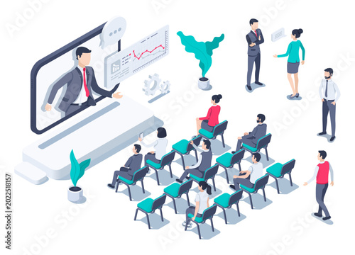 isometric vector illustration on a white background,business people sit on chairs and listening to the presentation of the online speaker and looking at the screen with chart, business conference