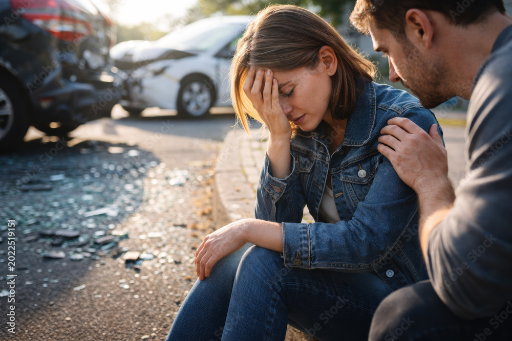 Fototapeta premium Young woman distressed after car accident with supportive companion