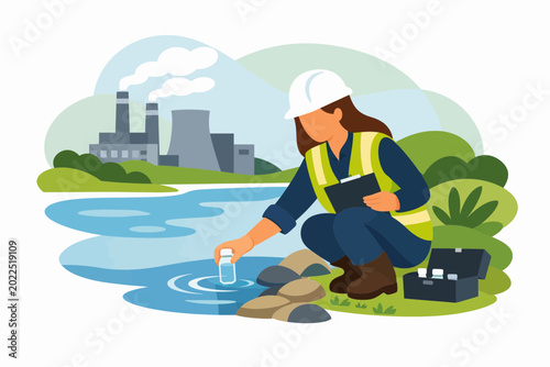 Female Environmental Engineer Taking Water Samples Near Factory