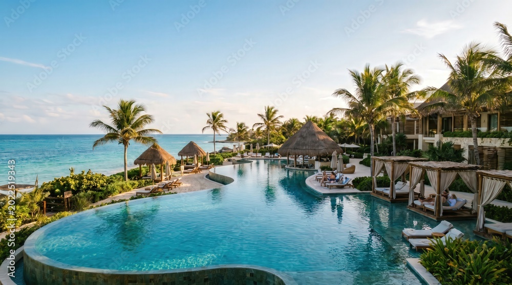 Fototapeta premium Serene Tropical Resort with Infinity Pool and Ocean View Under Clear Blue Sky