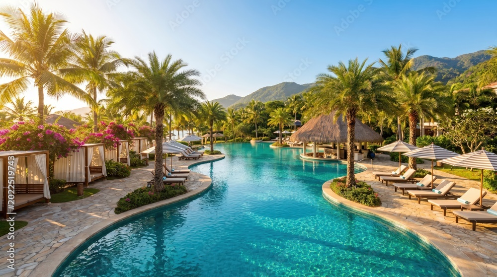 Fototapeta premium Serene Tropical Resort with Pool and Palm Trees Under Clear Blue Sky at Sunset