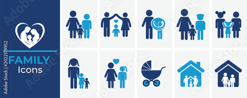 Colorful flat family icons set depicting parents and children vector illustration