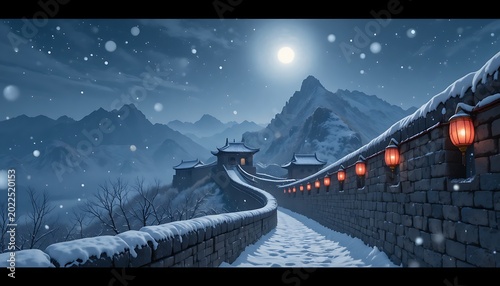Cinematic Winter Midnight Great Wall Landscape