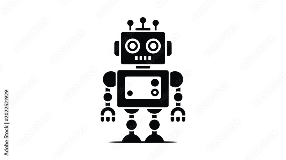 Naklejka premium Black and white of a robot with screen face and mechanical arms