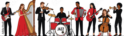 Photography Professional Jazz Music Band Collection Featuring Diverse Musicians Playing Harp