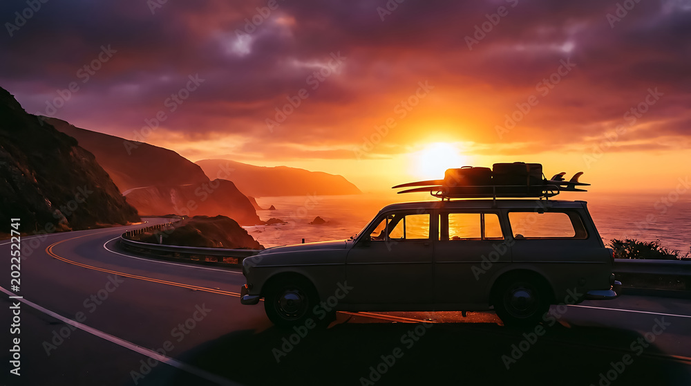 Fototapeta premium Vintage station wagon with surfboards on roof driving along coastal highway at sunset
