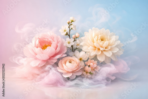 A cluster of soft pink and white flowers surrounded by swirling pastel smoke against a gradient background, of light pink, and soft blue colors