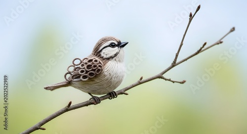 Exquisite thread bird figurine perched on thin tree branch with delicate embroidery details and textured wings against soft green bokeh background for artistic decoration.