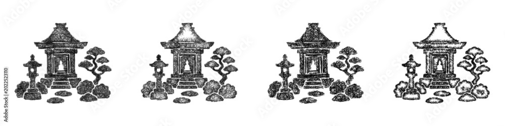 Obraz premium Sketch garden shrine icon design set