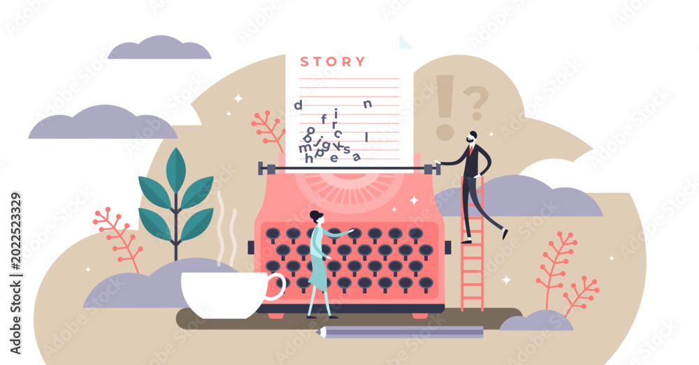 Obraz premium Story illustration, transparent background.Flat tiny literature text author persons concept.Abstract fantasy book writing.Narrative scene development with typewriter.
