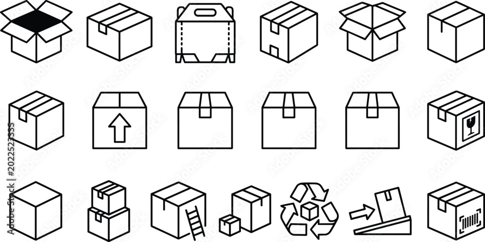 Fototapeta premium Cardboard Box Outline Icons Set with Open Closed Shipping Recycling Barcode and Storage Vector Illustration