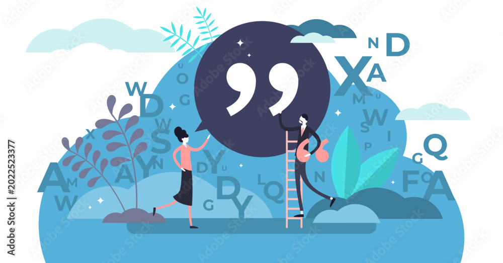 Fototapeta premium Quote illustration, transparent background. Flat tiny punctuation quotation mark persons concept. Abstract inverted pair commas sign in writing system for direct speech or phrase.
