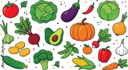 Colorful Fresh Vegetable Collection with Tomato Cabbage Eggplant Pumpkin Avocado and Broccoli Cartoon Vector Illustration