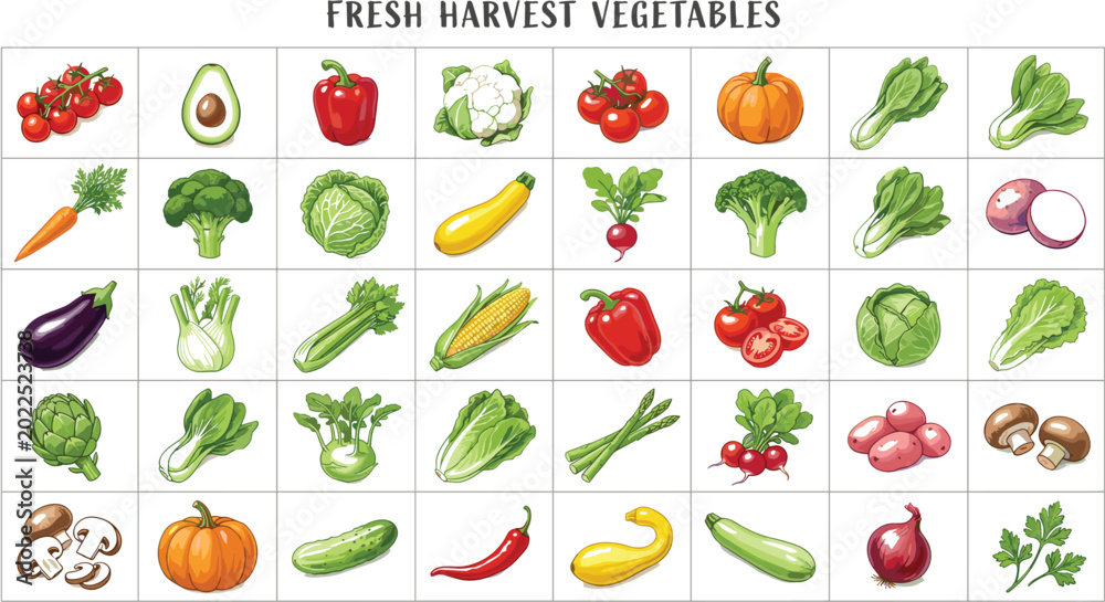 Obraz premium Fresh Harvest Vegetables Collection Chart with Tomato Broccoli Corn Pepper Eggplant and Mushroom Vector Illustration