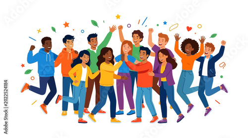 Diverse group of happy young people celebrating together.