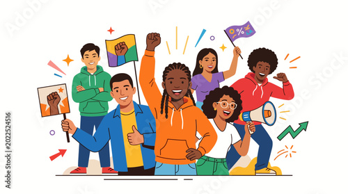 Foto Diverse group of young people participating in a protest for equality and social change