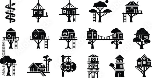 Billede på lærred Treehouse silhouette icons, vector illustration, creative elevated dwellings, ro