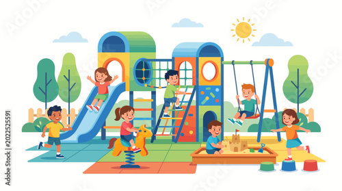 Tableau sur toile Group of diverse happy children playing on playground equipment.