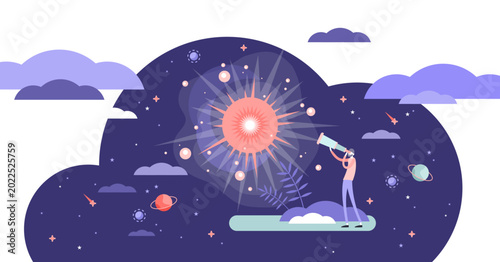 Fotografie Big bang theory exploration flat tiny person concept illustration, transparent background
