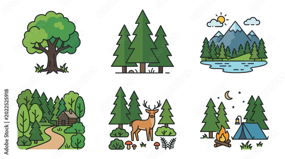 Fototapeta premium Forest Nature and Camping Flat Vector Icon Set