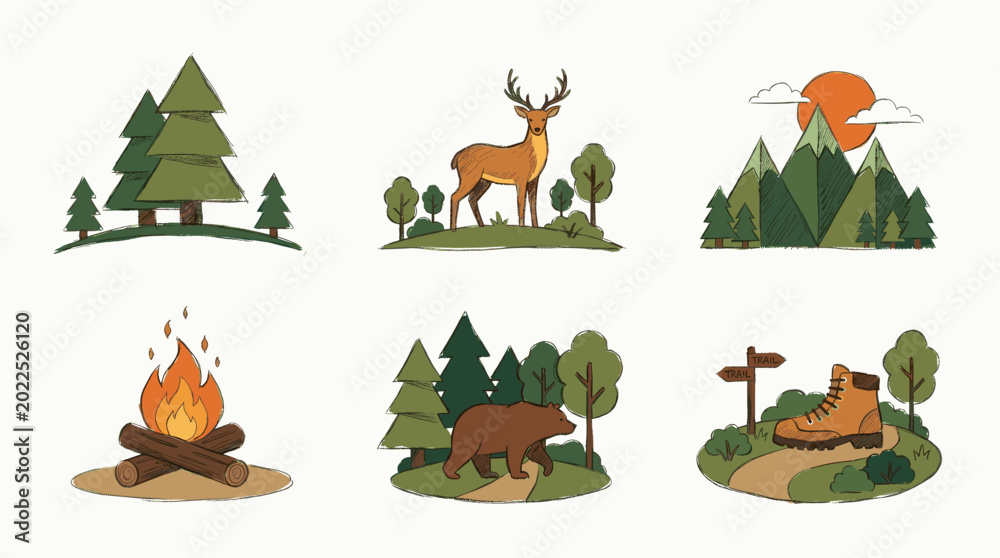 Fototapeta premium Forest Nature and Camping Flat Vector Icon Set
