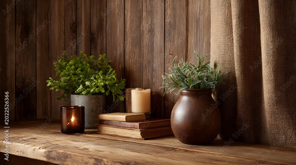 Fototapeta premium A rustic arrangement featuring potted plants candles and stacked books on a warm wooden surface creating a cozy and natural atmosphere
