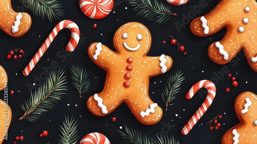 Seamless festive pattern with hand-drawn gingerbread men, candy canes, and evergreen branches on a dark background