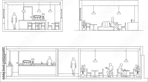Fotografía Modern Cafe Interior Architectural Section Views Featuring Coffee Bar Counter Se