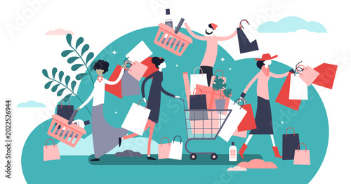 Foto Shopping madness crowd flat tiny persons concept illustration, transparent background