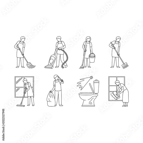 Fotografie Line drawing of people performing various household cleaning tasks isolated