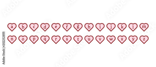 Valentine heart alphabet clipart set with lowercase letters on lace-style heart shapes for romantic cards, monograms, stickers, labels and personalized gifts