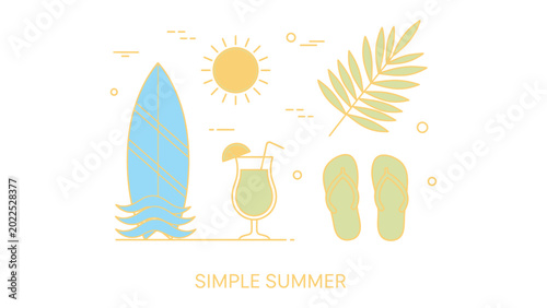 Photos Summer Simplicity: A collection of simple summer icons, including a surfboard, a sun, a leaf, a drink, and slippers, evoking a feeling of joy and relaxation