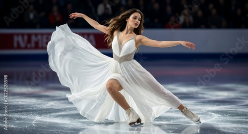 Graceful female figure skater in flowing white dress performing an artistic routine on ice