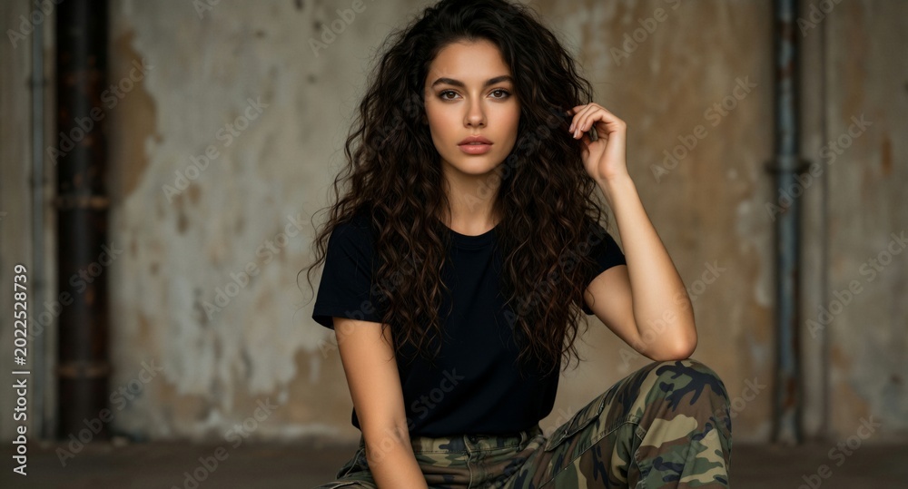 Fototapeta premium Beautiful woman with long curly hair wearing black t-shirt and camouflage pants