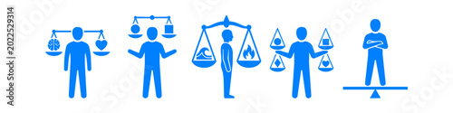 Tableau sur toile Blue vector icons depicting various concepts of balance and equilibrium: mind vs heart, fire vs water, logic vs emotion, and physical stability