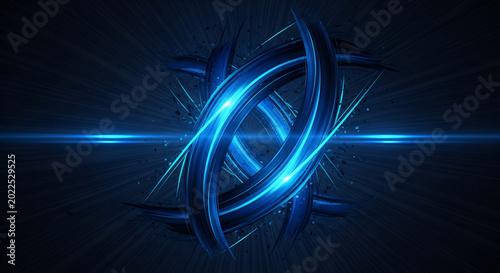 Glowing blue abstract shapes swirl in dark space with light beams