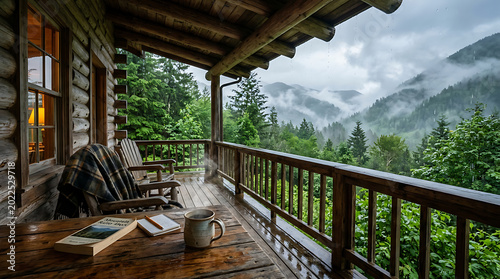 A forest cabin during summer rain with misty green mountains around it, steaming coffee on a wooden table
