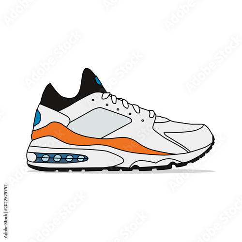 Fotografi Lifestyle illustration of white, orange, and black sneakers, isolated on a white background
