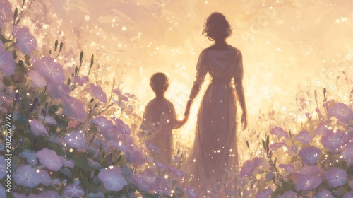 Magical illustration of mother and child silhouettes holding hands walking in blooming glowing flower field at golden sunset