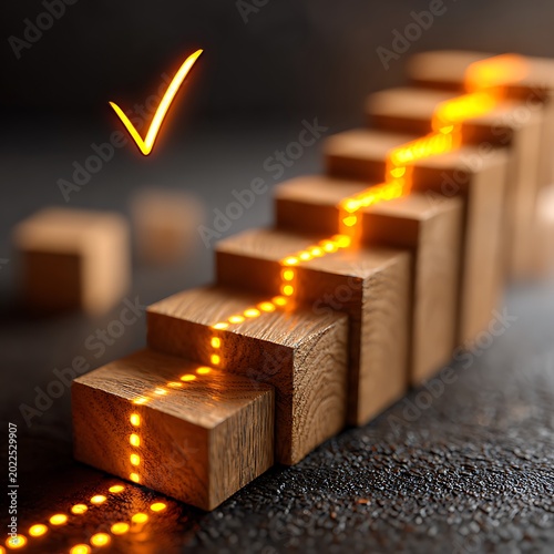 Wooden block staircase with glowing orange light path leading to success checkmark symbol representing career growth business progress achievement and strategic goal planning