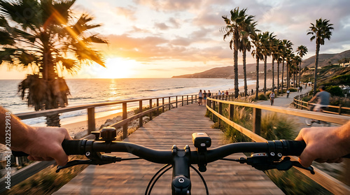 POV cycling at seaside during sunset summer holiday beautiful view