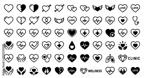 Obraz na płótnie Heart icon vector set with medical heartbeat cardio and romantic love symbols