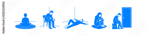 Foto Collection of blue minimalist silhouettes representing mental health, depression, and isolation
