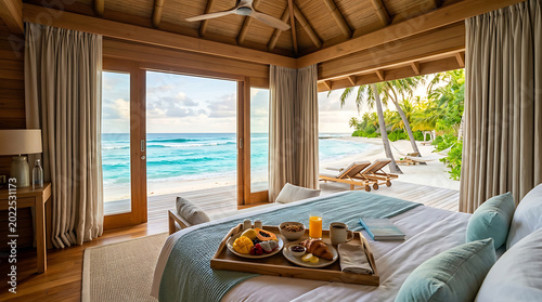 Relaxing view inside a beachfront bungalow with visible turquoise ocean waves in front, breakfast tray on bed, cozy summer holiday