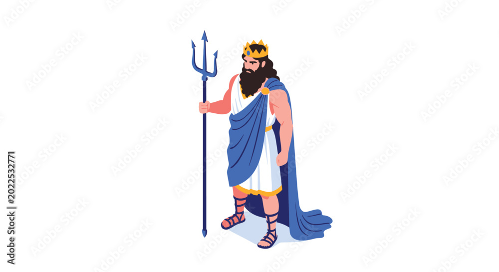 Fototapeta premium God of the sea figure like Neptune or Poseidon holding a trident while wearing a blue cape and a golden crown.