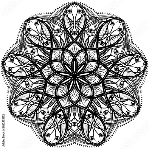 Fotografia Symmetrical black and white raster illustration featuring mystical eyes and intricate patterns