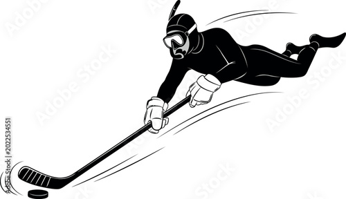 Black line art illustration of a hockey player in action