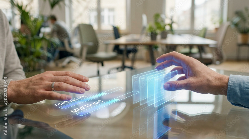 Fototapeta premium Hands interacting with futuristic holographic interface in modern office setting