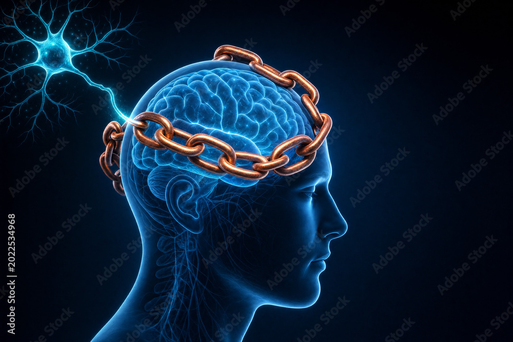 Obraz premium Blue brain with a chain around the skull medical illustration