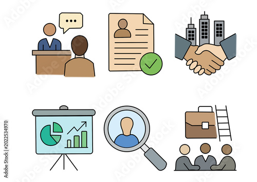 Business recruitment and HR icons set: interview, resume, partnership, analytics, search, and teamwork.
